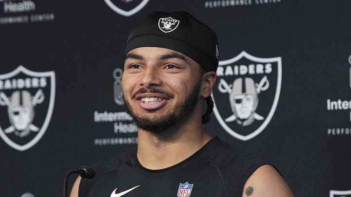 Las Vegas Raiders safety Treydan Stukes speaks during a news conference at the team’s Rookie Minicamp.
