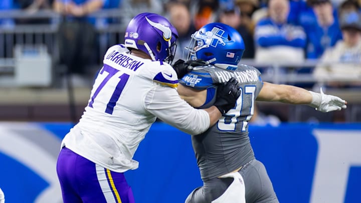 Christian Darrisaw battles Aidan Hutchinson in the 2023 season. Christian Darrisaw battles Aidan Hutchinson in the 2023 season.