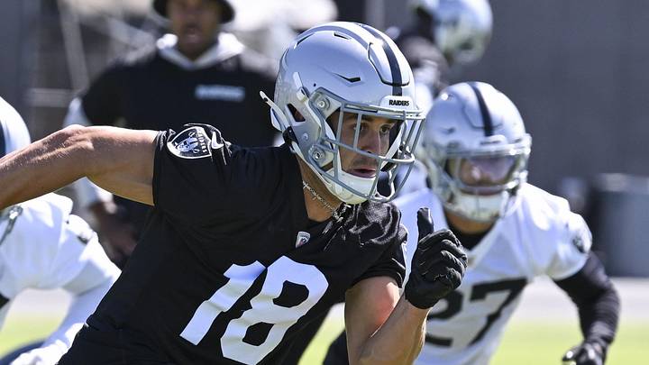 May 28, 2026; Henderson, NV, USA; Las Vegas Raiders wide receiver Jack Bech (18) runs through a drill during organized team activities at Intermountain Health Performance Center. Mandatory Credit: Candice Ward-Imagn Images May 28, 2026; Henderson, NV, USA; Las Vegas Raiders wide receiver Jack Bech (18) runs through a drill during organized team activities at Intermountain Health Performance Center. Mandatory Credit: Candice Ward-Imagn Images