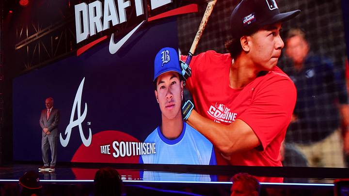 Jul 13, 2025; Atlanta, GA, USA; Tate Southisene is drafted by the Atlanta Braves with the 22nd pick during the first round of the MLB Draft at The Coca-Cola Roxy. Mandatory Credit: Brett Davis-Imagn Images Jul 13, 2025; Atlanta, GA, USA; Tate Southisene is drafted by the Atlanta Braves with the 22nd pick during the first round of the MLB Draft at The Coca-Cola Roxy. Mandatory Credit: Brett Davis-Imagn Images