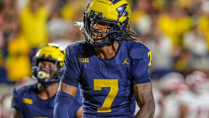 Michigan defensive back Makari Paige (7) runs through the end zone after he thought he made an interception against Fresno State during the second half at Michigan Stadium in Ann Arbor on Saturday, Aug. 31, 2024. Michigan defensive back Makari Paige (7) runs through the end zone after he thought he made an interception against Fresno State during the second half at Michigan Stadium in Ann Arbor on Saturday, Aug. 31, 2024.