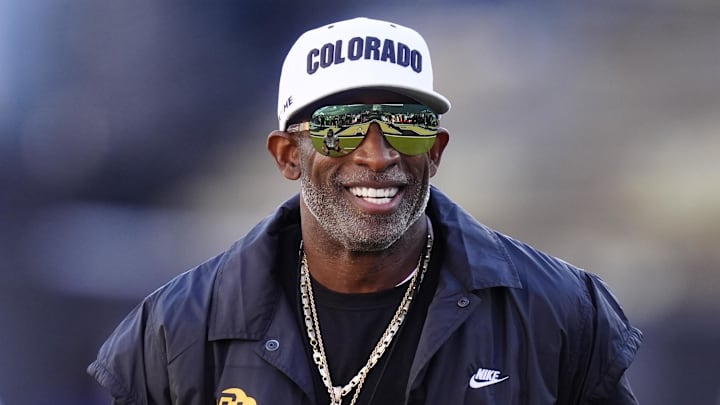 Nov 1, 2025; Boulder, Colorado, USA; Colorado Buffaloes head coach Deion Sanders before the game against the Arizona Wildcats at Folsom Field. Mandatory Credit: Ron Chenoy-Imagn Images