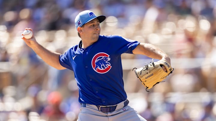 Feb 20, 2025; Phoenix, Arizona, USA; Chicago Cubs pitcher Cody Poteet against the Los Angeles Dodgers during a spring training game at Camelback Ranch-Glendale. 