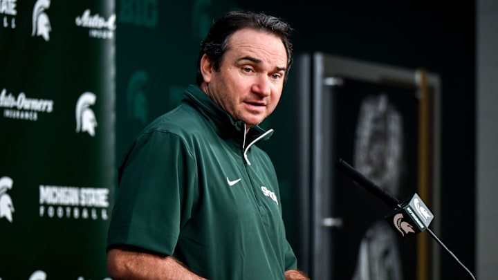 Michigan State coach Jonathan Smith talks the media on the first national signing day for college football recruits Wednesday, Dec. 4, 2024, at Spartan Stadium in East Lansing.
