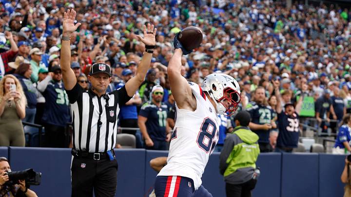Sep 9, 2026; Seattle, Washington, USA;  New England Patriots tight end Eli Raridon (82) celebrates after making a touchdown catch against the Seattle Seahawks during the second quarter at Lumen Field.  Mandatory Credit: Joe Nicholson-Imagn Images