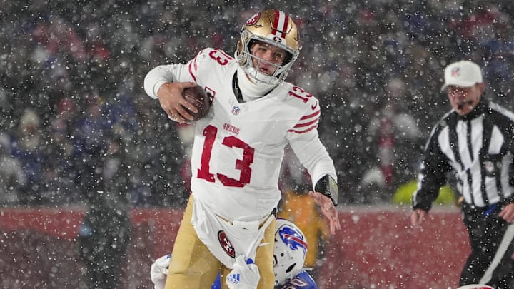 Dec 1, 2024; Orchard Park, New York, USA; Buffalo Bills defensive end Greg Rousseau (50) sacks San Francisco 49ers quarterback Brock Purdy (13) during the first half at Highmark Stadium. Mandatory Credit: Gregory Fisher-Imagn Images Dec 1, 2024; Orchard Park, New York, USA; Buffalo Bills defensive end Greg Rousseau (50) sacks San Francisco 49ers quarterback Brock Purdy (13) during the first half at Highmark Stadium. Mandatory Credit: Gregory Fisher-Imagn Images