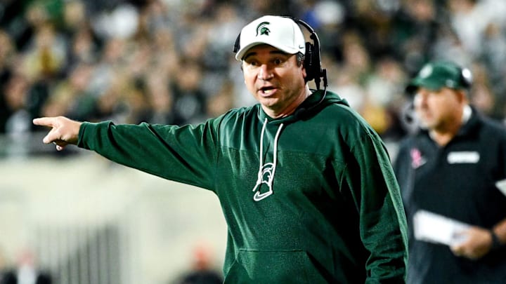 Michigan State's head coach Jonathan Smith calls out to a referee in the second quarter in the game against Iowa on Saturday, Oct. 19, 2024, at Spartan Stadium in East Lansing.