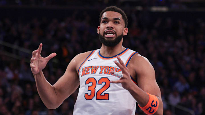 Feb 19, 2026; New York, New York, USA; New York Knicks center Karl-Anthony Towns (32) reacts during the first half against Detroit Pistons at Madison Square Garden. Mandatory Credit: Vincent Carchietta-Imagn Images