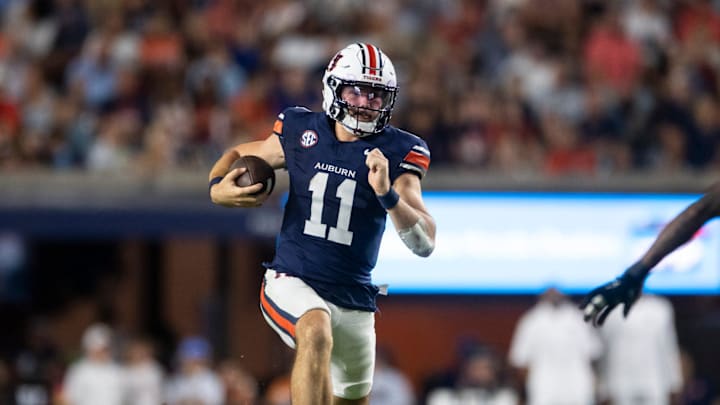 Auburn Tigers quarterback Jackson Arnold has used his legs to extend plays, but his on platform throws are still developing. Auburn Tigers quarterback Jackson Arnold has used his legs to extend plays, but his on platform throws are still developing.