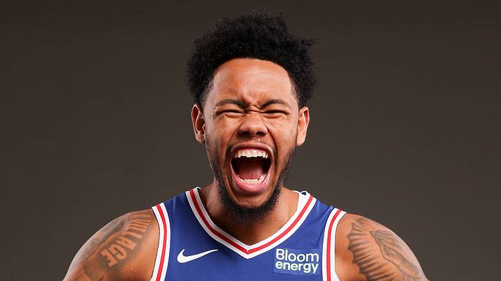 Sep 28, 2026; Camden, NJ, USA; Philadelphia 76ers Anfernee Simons poses for a photo during media day. Mandatory Credit: Bill Streicher-Imagn Images