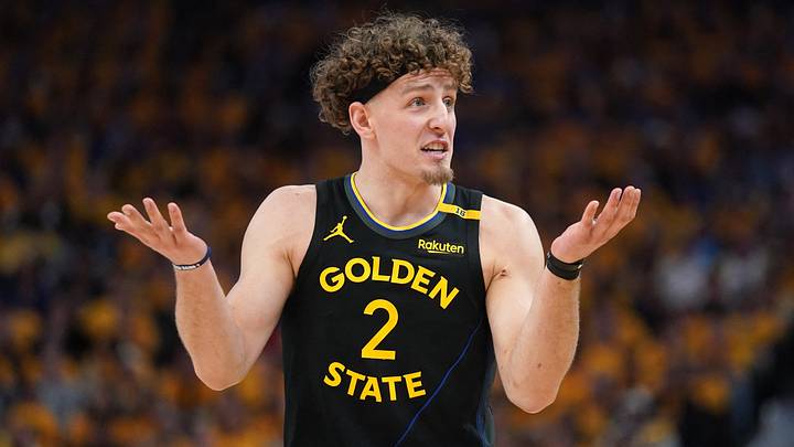 Golden State Warriors guard Brandin Podziemski (2) reacts after a play against the Houston Rockets in the third quarter of game six of the first round for the 2025 NBA Playoffs at Chase Center on May 2, 2025.