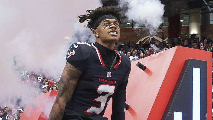 Dec 15, 2024; Houston Texans wide receiver Tank Dell (3) runs onto the field before the game against the Miami Dolphins at NRG Stadium. Mandatory Credit: Troy Taormina-Imagn Images