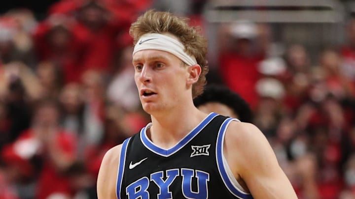 Jan 17, 2026; Lubbock, Texas, USA;  BYU Cougars guard Richie Saunders (15) dribbles the ball against the Texas Tech Red Raiders in the first half at United Supermarkets Arena. Mandatory Credit: Michael C. Johnson-Imagn Images