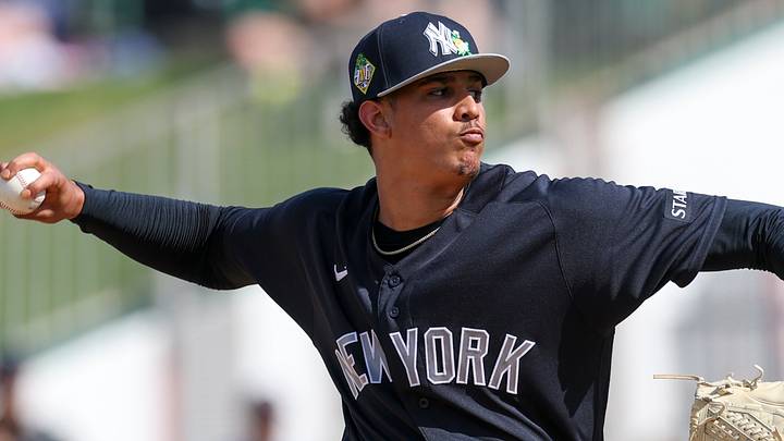 New York Yankees pitcher Carlos Lagrange (84) throws a pitch against the Minnesota Twins in the fourth inning during spring training at Lee Health Sports Complex/Hammond Stadium. New York Yankees pitcher Carlos Lagrange (84) throws a pitch against the Minnesota Twins in the fourth inning during spring training at Lee Health Sports Complex/Hammond Stadium.