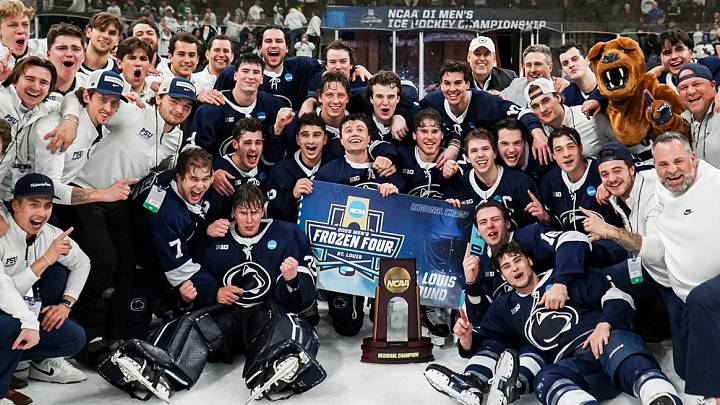 Penn State celebrates winning its 2025 Regional Final against UConn in overtime and advancing to the Frozen Four for the first time. Penn State celebrates winning its 2025 Regional Final against UConn in overtime and advancing to the Frozen Four for the first time.