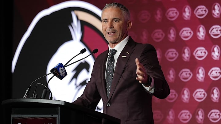 Jul 23, 2025; Charlotte, NC, USA; Florida State head coach Mike Norvell answers questions from the media during ACC Media days at Hilton Charlotte Uptown. Mandatory Credit: Jim Dedmon-Imagn Images Jul 23, 2025; Charlotte, NC, USA; Florida State head coach Mike Norvell answers questions from the media during ACC Media days at Hilton Charlotte Uptown. Mandatory Credit: Jim Dedmon-Imagn Images