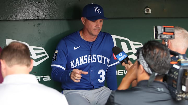 Sep 28, 2025; West Sacramento, California, USA; Kansas City Royals manager Matt Quatraro (33) speaks with the media prior to the start of a game against the Athletics at Sutter Health Park. Mandatory Credit: Dennis Lee-Imagn Images