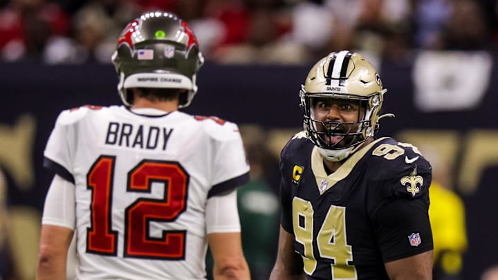 New Orleans Saints defensive end Cameron Jordan stares at Tampa Bay Buccaneers quarterback Tom Brady.