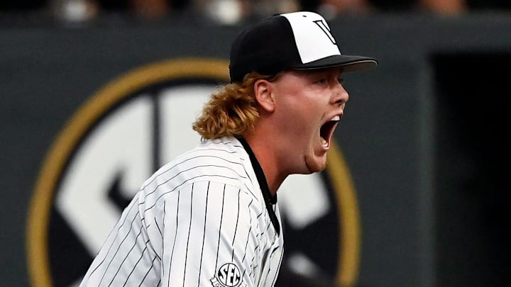 Vanderbilt pitcher Sawyer Hawks (88) reacts after striking out Wright State’s Luke Arnold for the third in the ninth inning of the Nashville Regional NCAA Baseball Tournament game at Hawkins Field Friday, May 30, 2025, in Nashville, Tenn. Vanderbilt Won 4-3. Vanderbilt pitcher Sawyer Hawks (88) reacts after striking out Wright State’s Luke Arnold for the third in the ninth inning of the Nashville Regional NCAA Baseball Tournament game at Hawkins Field Friday, May 30, 2025, in Nashville, Tenn. Vanderbilt Won 4-3.