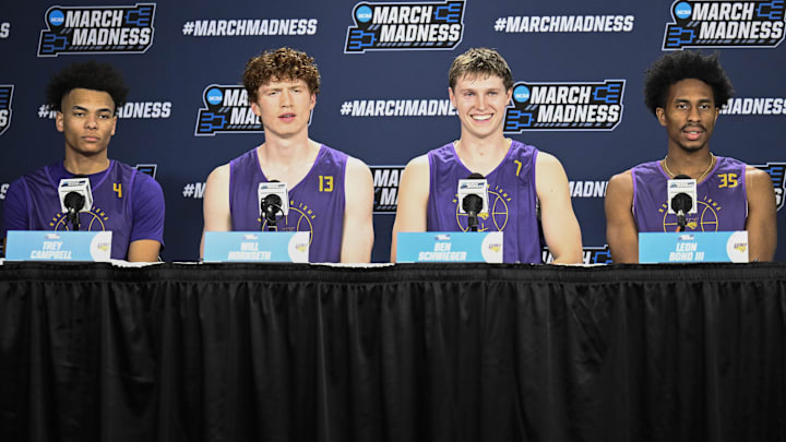 Mar 19, 2026; San Diego, CA, USA; Northern Iowa’s players from left, Trey Campbell (4), Will Hornseth (13), Ben Schwieger (7) and Leon Bond III (35) listen to a question at a press conference ahead of the first round of the men's 2026 NCAA Tournament at Viejas Arena. Mar 19, 2026; San Diego, CA, USA; Northern Iowa’s players from left, Trey Campbell (4), Will Hornseth (13), Ben Schwieger (7) and Leon Bond III (35) listen to a question at a press conference ahead of the first round of the men's 2026 NCAA Tournament at Viejas Arena.