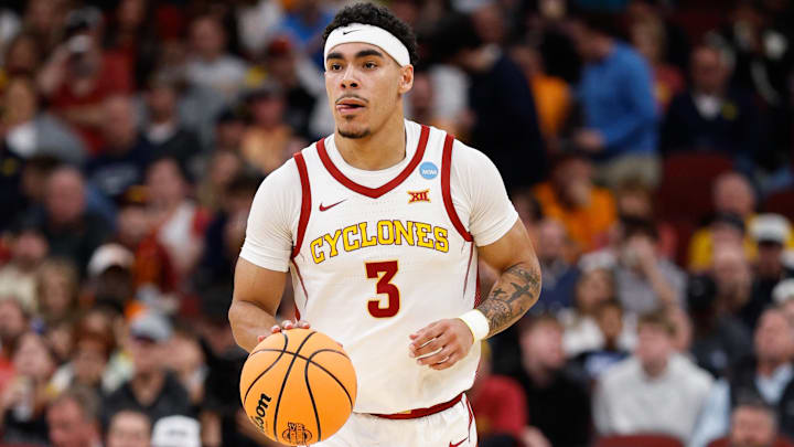Mar 27, 2026; Chicago, IL, USA; Iowa State Cyclones guard Tamin Lipsey (3) drives the ball in the first half against the Tennessee Volunteers during a Sweet Sixteen game of the Midwest Regional of the men's 2026 NCAA Tournament at United Center.