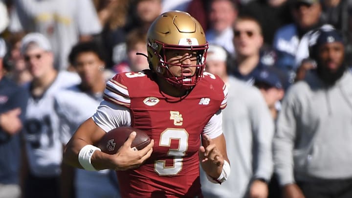 Oct 18, 2025; Chestnut Hill, Massachusetts, USA; Boston College Eagles quarterback Grayson James (3) runs the ball during the first half at Alumni Stadium. Mandatory Credit: Bob DeChiara-Imagn Images Oct 18, 2025; Chestnut Hill, Massachusetts, USA; Boston College Eagles quarterback Grayson James (3) runs the ball during the first half at Alumni Stadium. Mandatory Credit: Bob DeChiara-Imagn Images