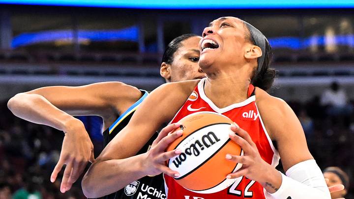 Jun 28, 2026; Chicago, Illinois, USA;  Las Vegas Aces center A'ja Wilson (22) drives to the basket against Chicago Sky forward-center  Azura Stevens (30) during the second half at United Center. Mandatory Credit: Matt Marton-Imagn Images