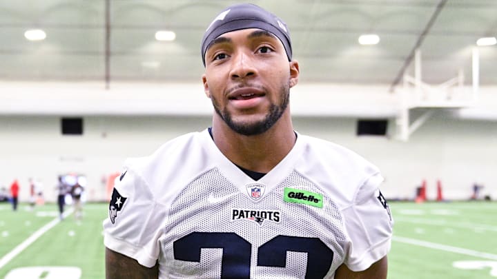 Jun 10, 2025; Foxborough, MA, USA; New England Patriots running back TreVeyon Henderson (32) speaks to the media after minicamp held in the WIN Field House at Gillette Stadium. Mandatory Credit: Eric Canha-Imagn Images Jun 10, 2025; Foxborough, MA, USA; New England Patriots running back TreVeyon Henderson (32) speaks to the media after minicamp held in the WIN Field House at Gillette Stadium. Mandatory Credit: Eric Canha-Imagn Images