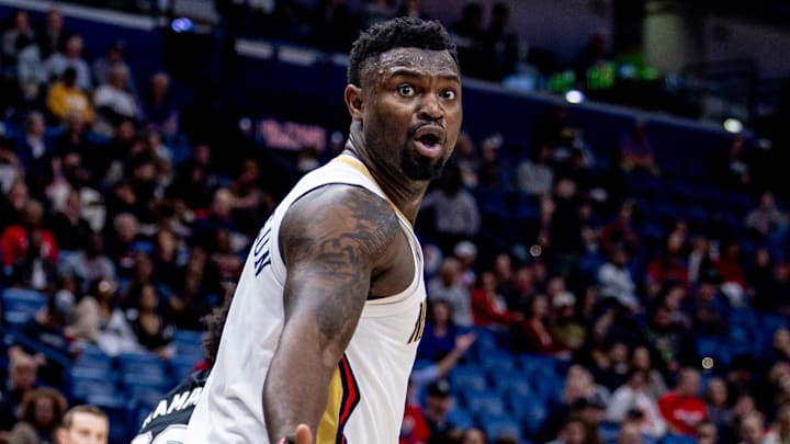 Feb 25, 2025; New Orleans, Louisiana, USA; New Orleans Pelicans forward Zion Williamson (1) reacts to a play against the San Antonio Spurs during the first half at Smoothie King Center. Mandatory Credit: Stephen Lew-Imagn Images Feb 25, 2025; New Orleans, Louisiana, USA; New Orleans Pelicans forward Zion Williamson (1) reacts to a play against the San Antonio Spurs during the first half at Smoothie King Center. Mandatory Credit: Stephen Lew-Imagn Images
