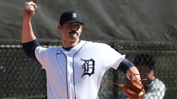Detroit Tigers right-handed pitching prospect RJ Petit throws during minor-league minicamp Sunday, Feb. 20, 2022, at TigerTown in Lakeland, Florida.