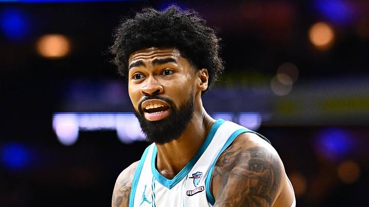 Mar 16, 2024; Philadelphia, Pennsylvania, USA; Charlotte Hornets center Nick Richards (4) reacts against the Philadelphia 76ers in the first quarter at Wells Fargo Center. Mandatory Credit: Kyle Ross-Imagn Images