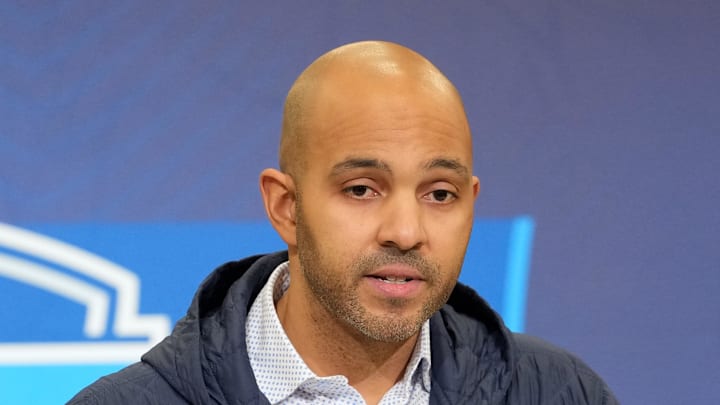 Feb 24, 2026; Indianapolis, IN, USA; Atlanta Falcons general manager Ian Cunningham speaks at the NFL Scouting Combine at the Indiana Convention Center. Mandatory Credit: Kirby Lee-Imagn Images