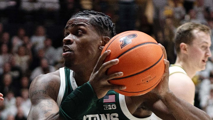 Feb 26, 2026; West Lafayette, Indiana, USA; Michigan State Spartans forward Coen Carr (55) looks to shoot the ball during the first half of a game against the Purdue Boilermakers at Mackey Arena.