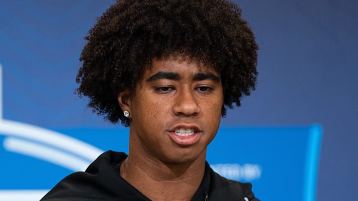 Feb 27, 2026; Indianapolis, IN, USA; Southern California wideout Ja'Kobi Lane (WO27) speaks to members of the media during the NFL Combine at the Indiana Convention Center. Mandatory Credit: Jacob Musselman-Imagn Images