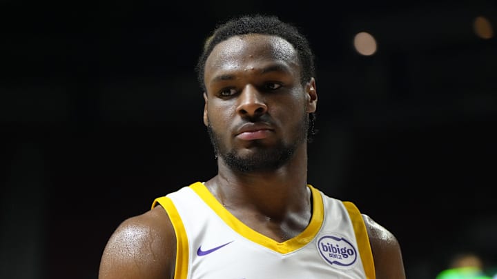 Jul 15, 2024; Las Vegas, NV, USA; Los Angeles Lakers guard Bronny James (9) competes against the Boston Celtics during the second half at Thomas & Mack Center. Mandatory Credit: Lucas Peltier-Imagn Images