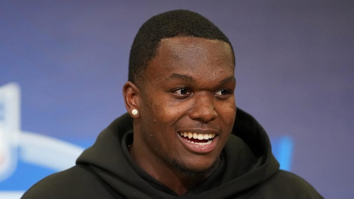 Feb 25, 2026; Indianapolis, IN, USA; Duke defensive lineman Wesley Williams (DL62) speaks during the NFL Scouting Combine at the Indiana Convention Center. Mandatory Credit: Kirby Lee-Imagn Images