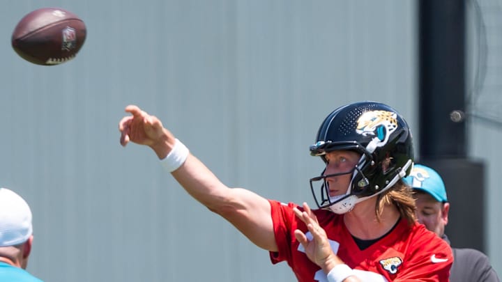 Jacksonville Jaguars quarterback Trevor Lawrence (16) makes a pass during the fourth organized team activity at the Miller Electric Center in Jacksonville, Fla. Tuesday, May 27, 2025. [Doug Engle/Florida Times-Union]