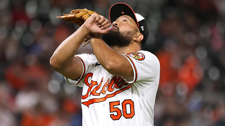 Mar 30, 2026; Baltimore, Maryland, USA; Baltimore Orioles pitcher Rico Garcia (50) celebrates during the seventh inning against the Texas Rangers at Oriole Park at Camden Yards. Mandatory Credit: Daniel Kucin Jr.-Imagn Images