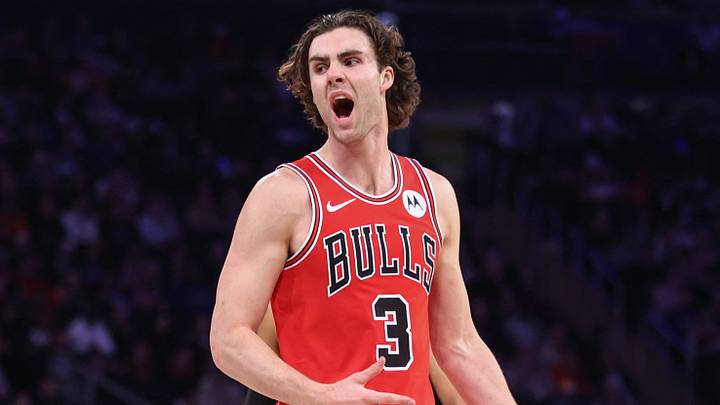 Apr 3, 2026; New York, New York, USA;  Chicago Bulls guard Josh Giddey (3) reacts to a call in the third quarter against the New York Knicks at Madison Square Garden. Mandatory Credit: Wendell Cruz-Imagn Images
