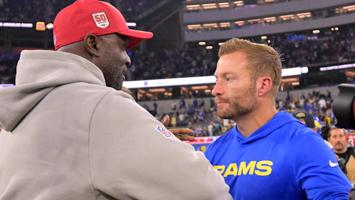 Tampa Bay Buccaneers head coach Todd Bowles shakes hands with Los Angeles Rams head coach Sean McVay after the game at SoFi Stadium.