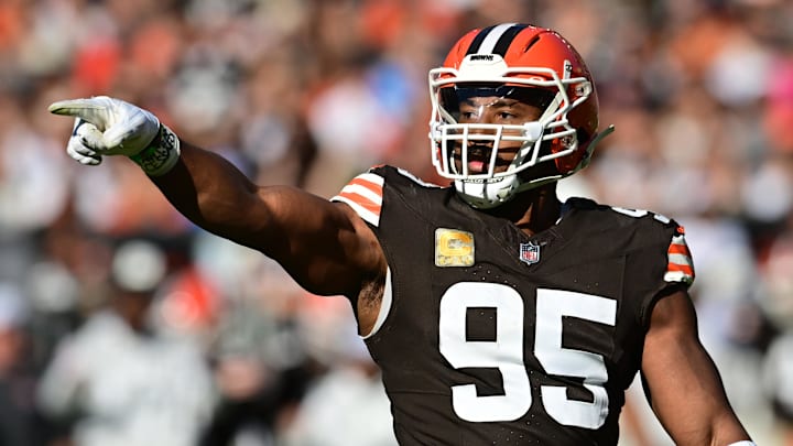 Cleveland Browns defensive end Myles Garrett celebrates a play.