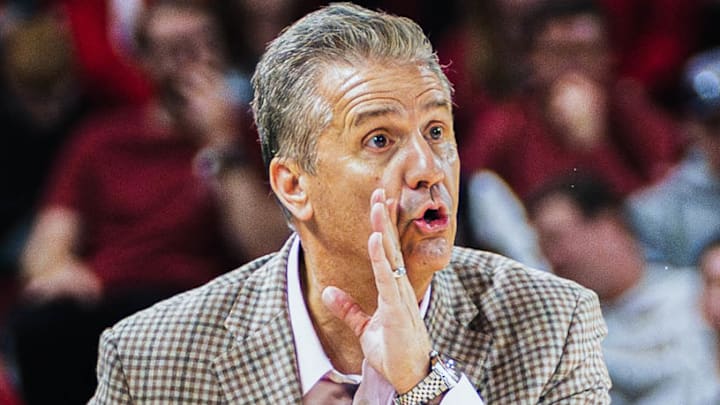 Arkansas Razorbacks coach John Calipari giving his team instructions during a game with Troy at Bud Walton Arena in Fayetteville, Ark.