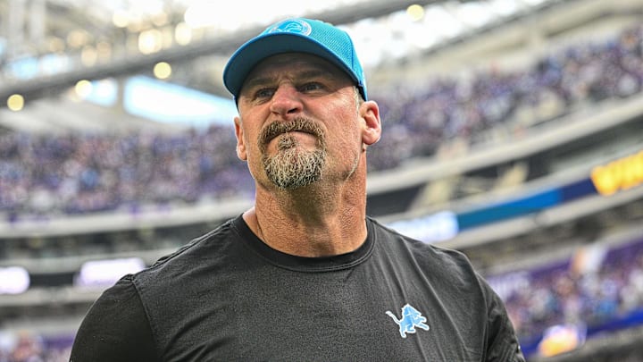 Detroit Lions head coach Dan Campbell leaves the field after the game against the Minnesota Vikings Detroit Lions head coach Dan Campbell leaves the field after the game against the Minnesota Vikings