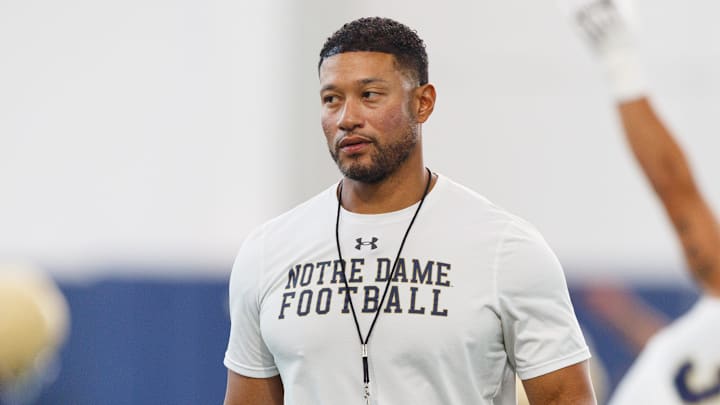 Notre Dame head coach Marcus Freeman during a football practice at Irish Athletic Center on Thursday, July 31, 2025, in South Bend.