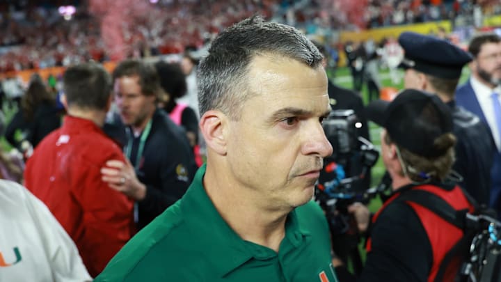 Jan 19, 2026; Miami Gardens, FL, USA; Miami Hurricanes head coach Mario Cristobal reacts after the College Football Playoff National Championship game at Hard Rock Stadium. Mandatory Credit: Mark J. Rebilas-Imagn Images
