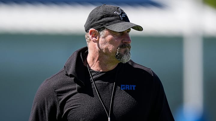 Detroit Lions head coach Dan Campbell watches practice during rookie mini camp at team's Allen Park Performance Center