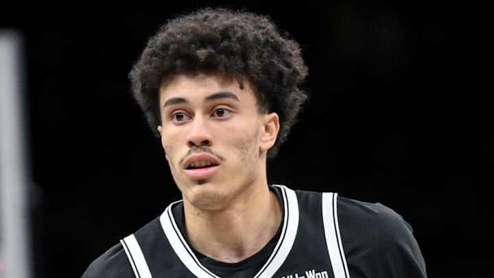Dec 14, 2025; Brooklyn, New York, USA; Brooklyn Nets guard Nolan Traore (88) during the second half against the Milwaukee Bucks at Barclays Center. Mandatory Credit: John Jones-Imagn Images