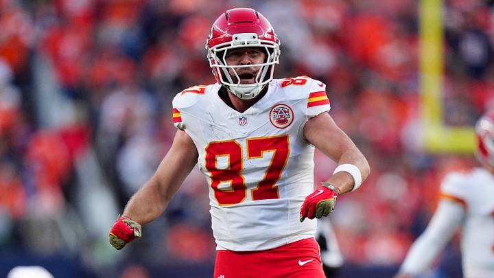 Kansas City Chiefs tight end Travis Kelce (87) reacts in the third quarter against the Denver Broncos at Empower Field at Mile High. Kansas City Chiefs tight end Travis Kelce (87) reacts in the third quarter against the Denver Broncos at Empower Field at Mile High.