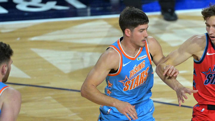 Feb 13, 2026; Inglewood, California, USA; Team Melo guard Reed Sheppard (15) of the Houston Rockets defends against Team Vince frontcourt Matas Buzelis (14) of the Chicago Bulls during an NBA All Star Rising Stars championship game at Intuit Dome. Mandatory Credit: Jayne Kamin-Oncea-Imagn Images Feb 13, 2026; Inglewood, California, USA; Team Melo guard Reed Sheppard (15) of the Houston Rockets defends against Team Vince frontcourt Matas Buzelis (14) of the Chicago Bulls during an NBA All Star Rising Stars championship game at Intuit Dome. Mandatory Credit: Jayne Kamin-Oncea-Imagn Images
