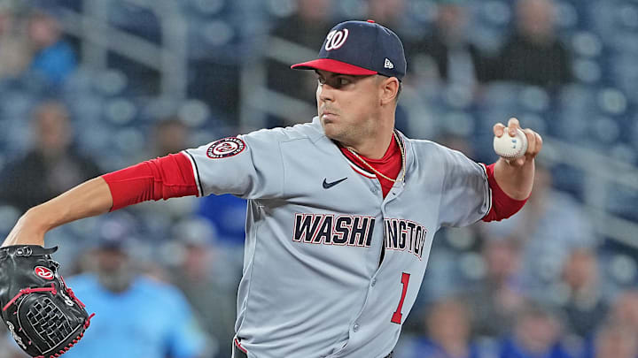 Apr 2, 2025; Toronto, Ontario, CAN; Washington Nationals starting pitcher MacKenzie Gore (1) throws a pitch against the Toronto Blue Jays during the first inning at Rogers Centre. 